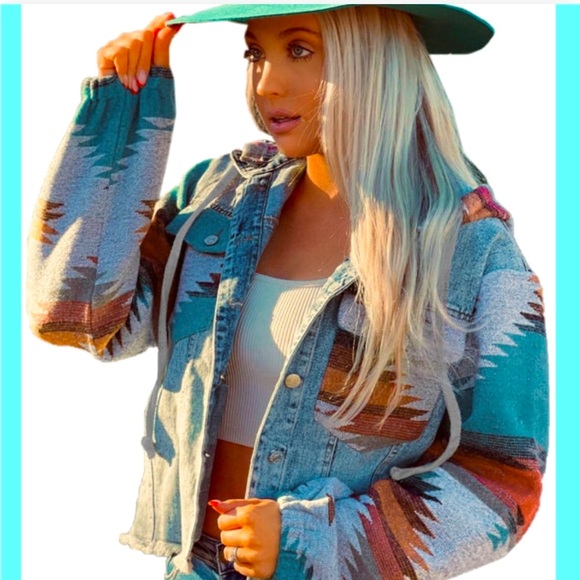 🎁 Blue🌵Aztec Print Distressed Hem Denim Jacket - Picture 16 of 16